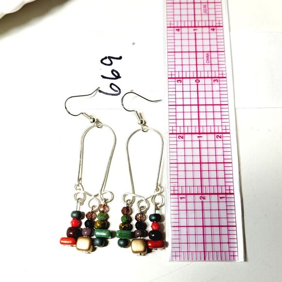 artisan earrings 669#mfs Czech glass fringe boho earrings green multicolor mix g - Picture 4 of 5